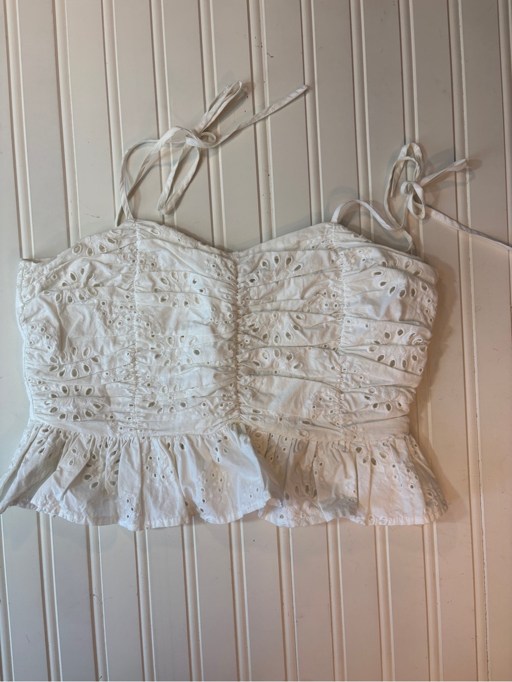 Zara White Eyelet Cropped Peplum Tie-Strap Top Medium